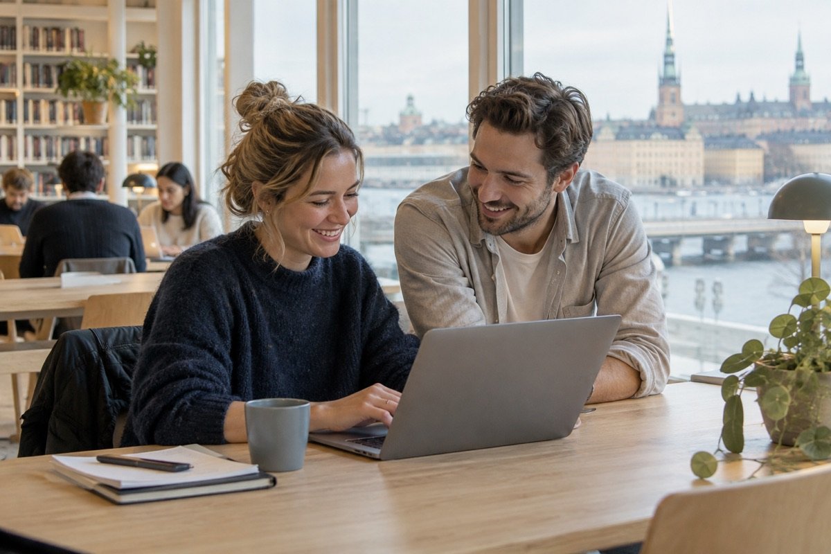 Twee mensen werken samen achter een laptop